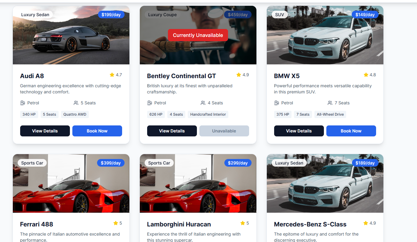 Premium car fleet with detailed specifications and booking options