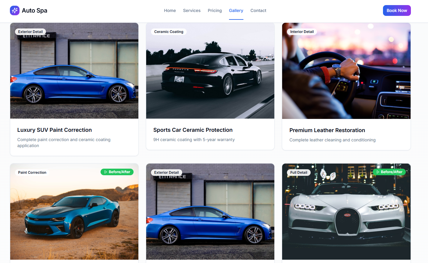 Interactive before/after gallery with customer testimonials