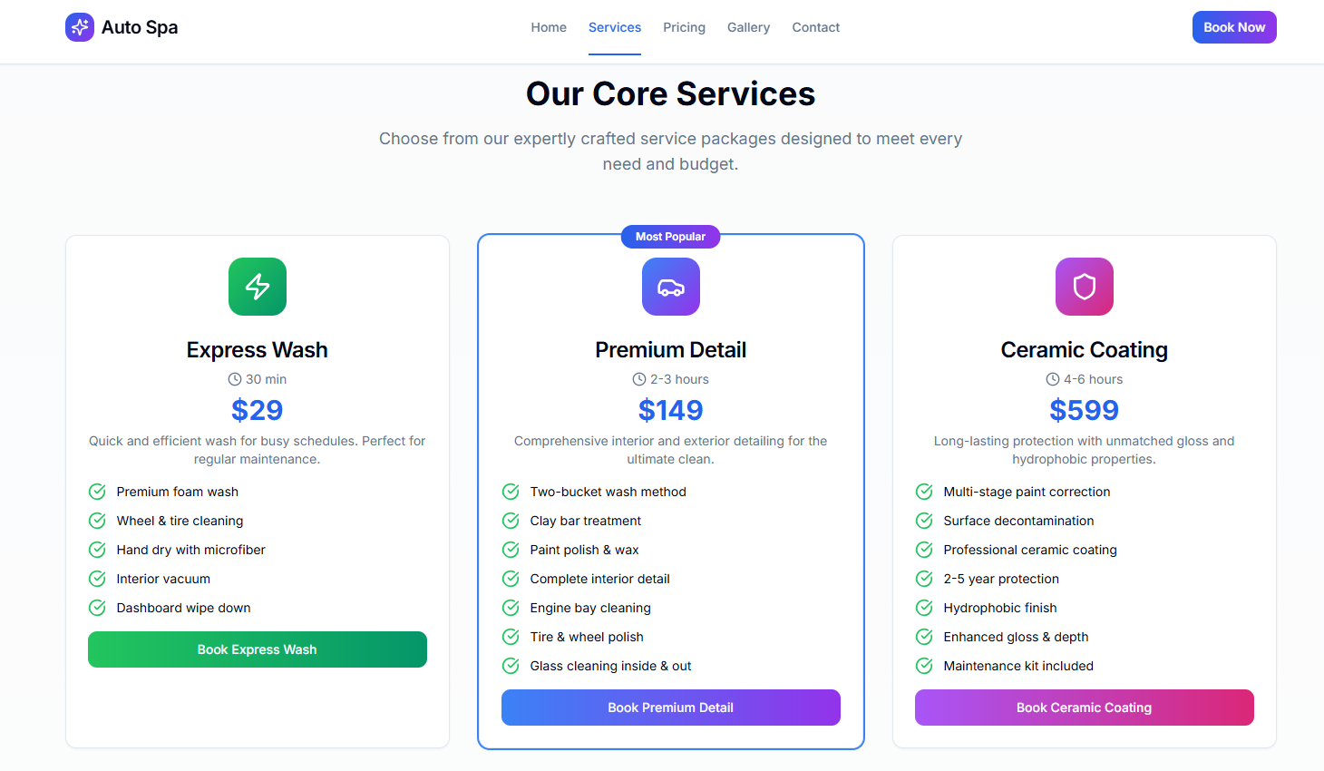 Service packages with booking system and pricing