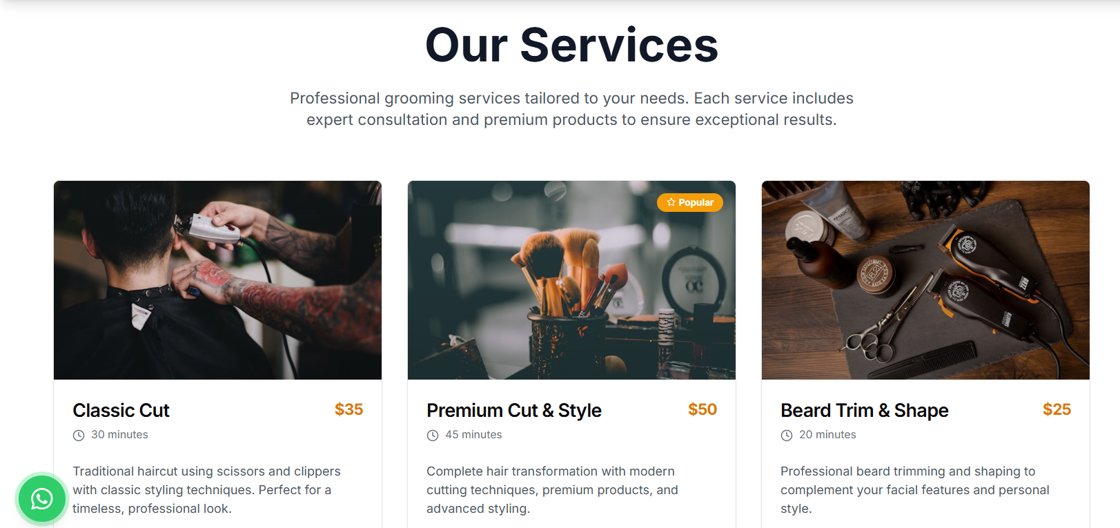 Services page showing haircut packages and pricing